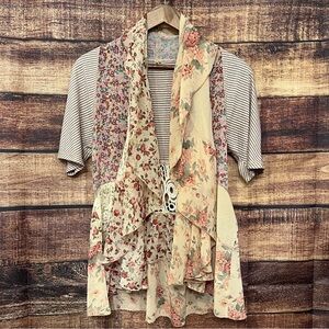 Awake Couture Floral Patchwork style/Striped Cardigan Short Sleeve Size Medium
